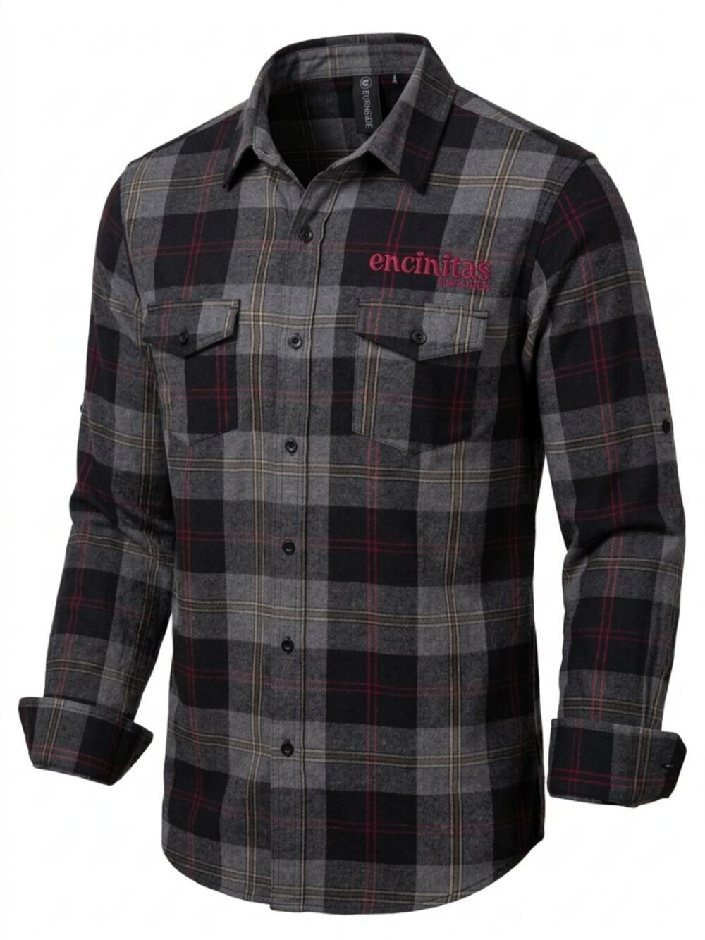 BURNSIDE Grey Plaid Encinitas Surfboards Flannel Button Up Shirt size l